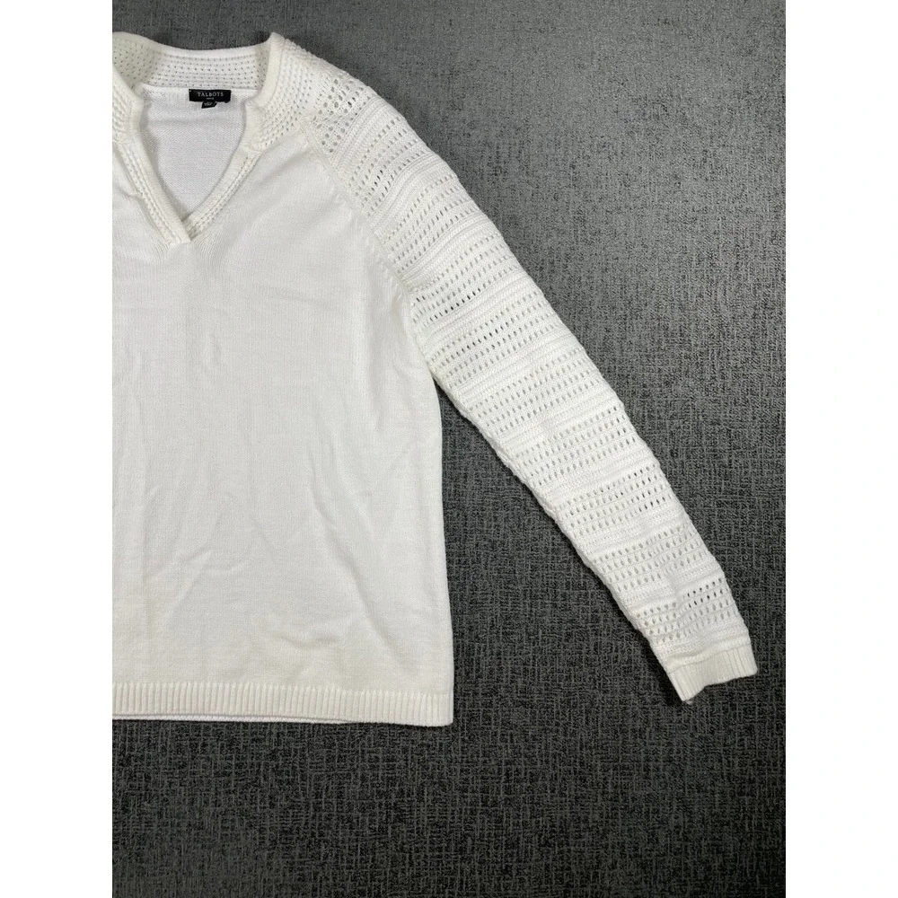 Talbots Petite White Pointelle Raglan Sleeve V-Neck Knit Sweater LP